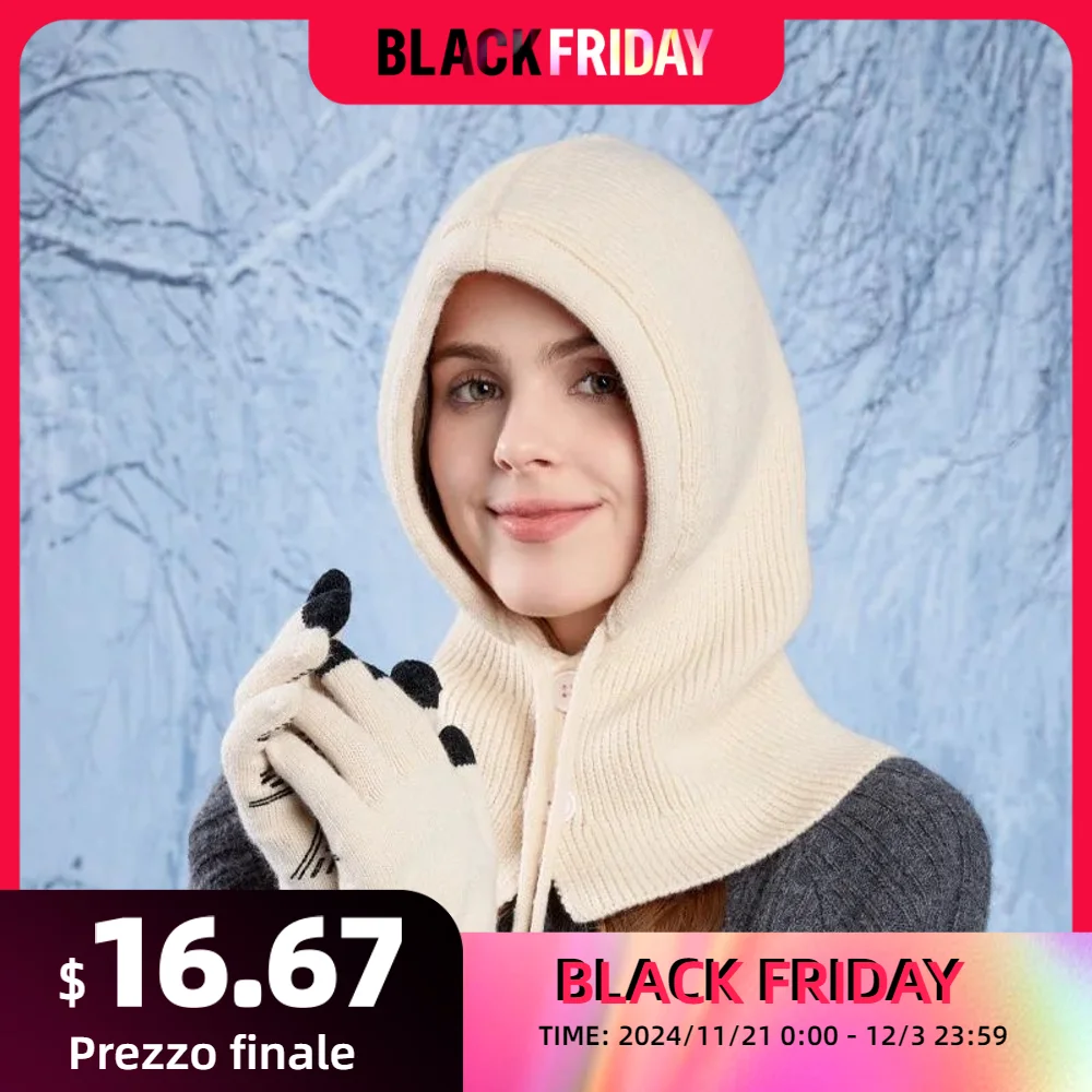 

Winter Warm Ear Protecting Knitted Gloves Hat Women Shawl All-in-One Pullover Woolen Cap Button Ski Outdoor