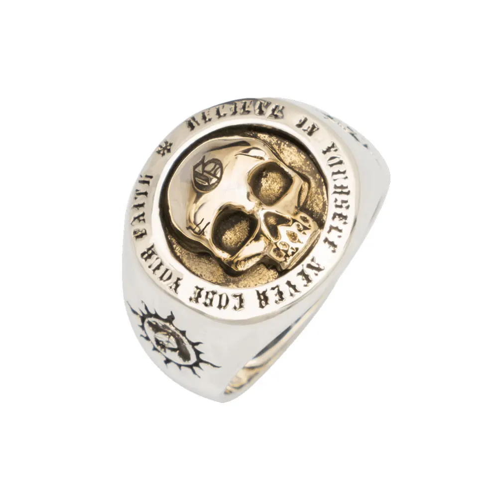 

Vintage Soul Skull Ring 925 Sterling Silver & Copper Inlaid Adjustable Skeleton Band Gothic Punk Jewelry for Men Halloween Gift