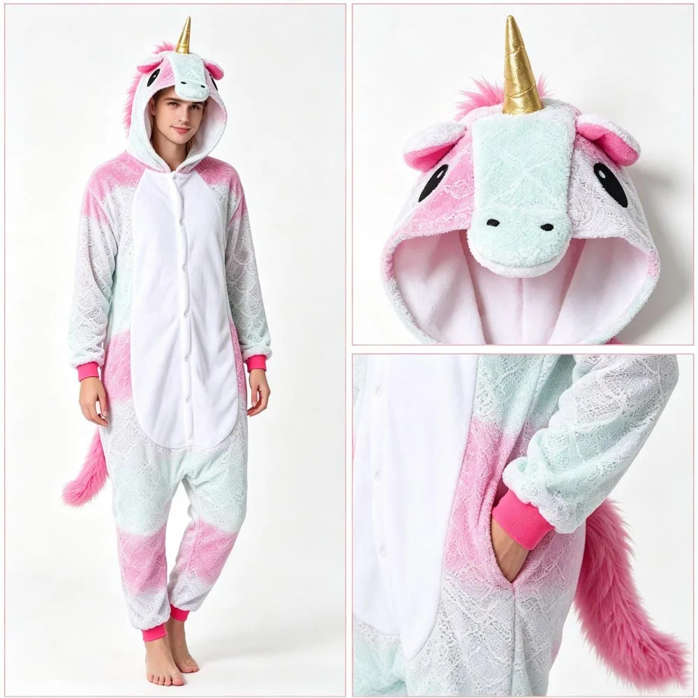 Unicorn Kigurumi Couples Pajamas Adult Halloween Pumpkin Skull Clown Cosplay Costumes Adult Women Men Homewear Sleepwear Pyjamas