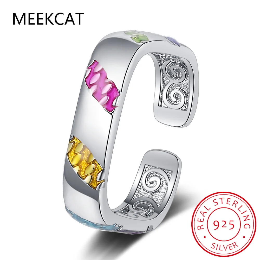 New Design Pure 925 Sterling Silver Rainbow Color Enamel Strip Finger Ring Simple Geometric Ring For Women Fine Jewelry