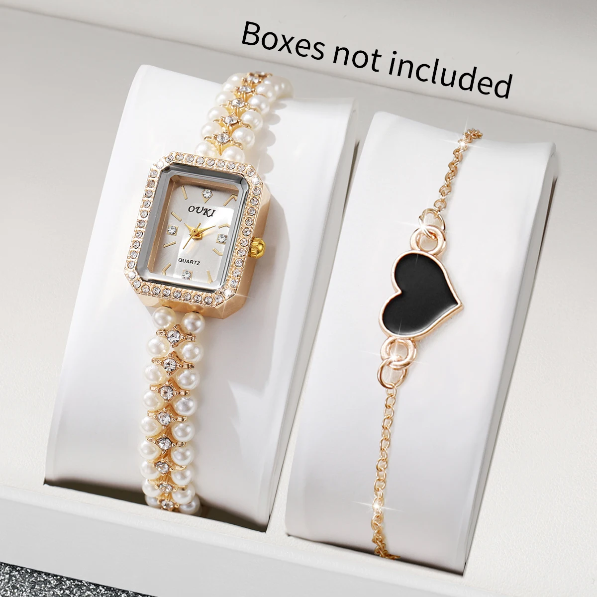 2PCS Elegant Square Women Watches with Imitation Pearls Strap Fashion Quartz Wristwatch Heart Bracelet Set Reloj（Without Box）