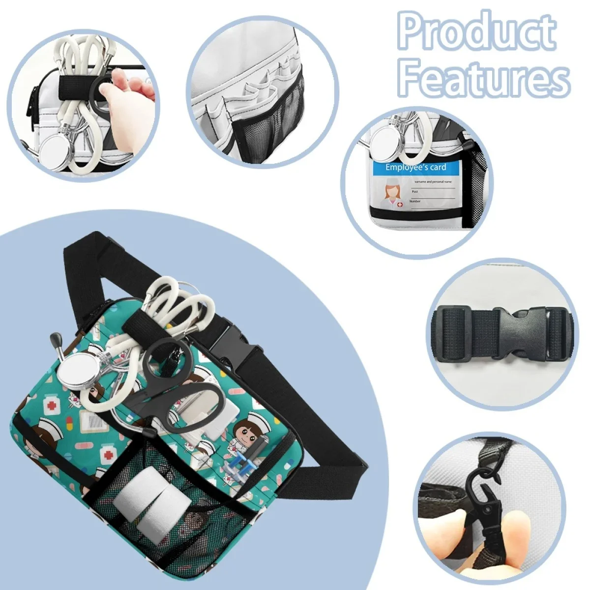 Cute Nurse Doctor Medical Print Ladies Waist Bag Multi Compartment Utility Hip Bag Case for Stethoscopes Bandage Scissor Gift