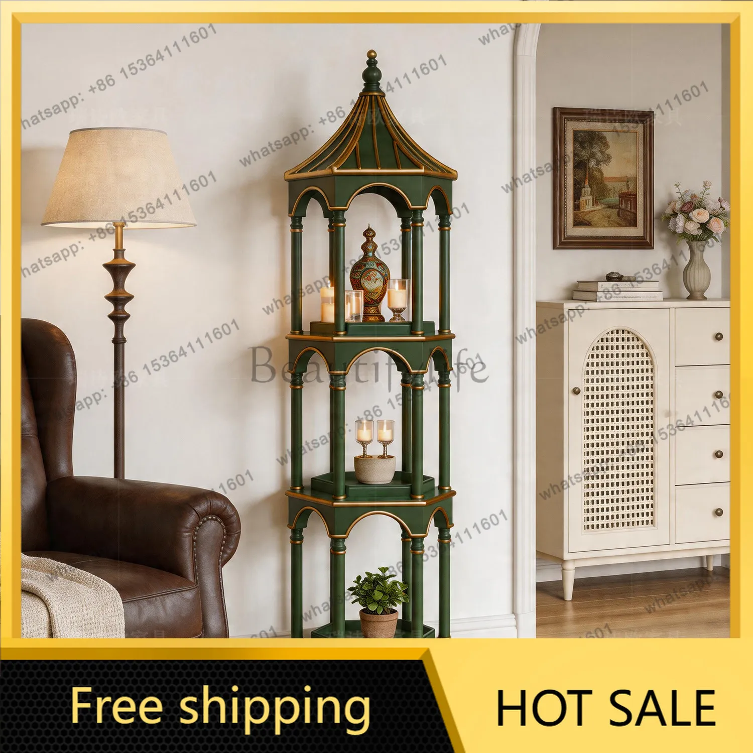Factory Direct American retro pagoda-shaped three-layer shelf home decoration engraving locker