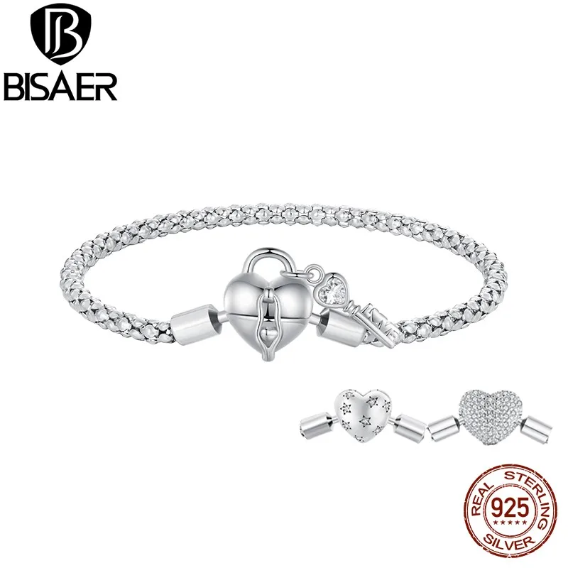 BISAER 925 Sterling Zilveren Hart Gesp Armband Open Slot Sleutel Zirkoon Plated Platina Lamp Basic Bangle voor Vrouwen Fijne Sieraden