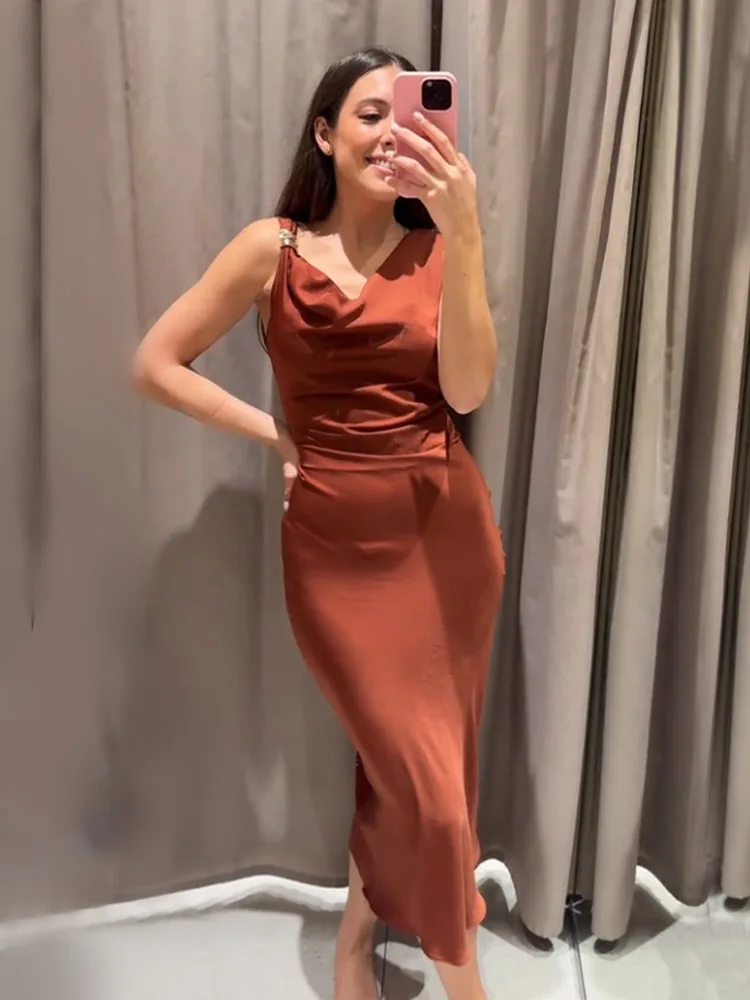 HH Women Summer New Swinging Collar Temperament Gold Inlaid Sleeveless Midi Dress Female Elegant Sexy Party Long Dress Mujer