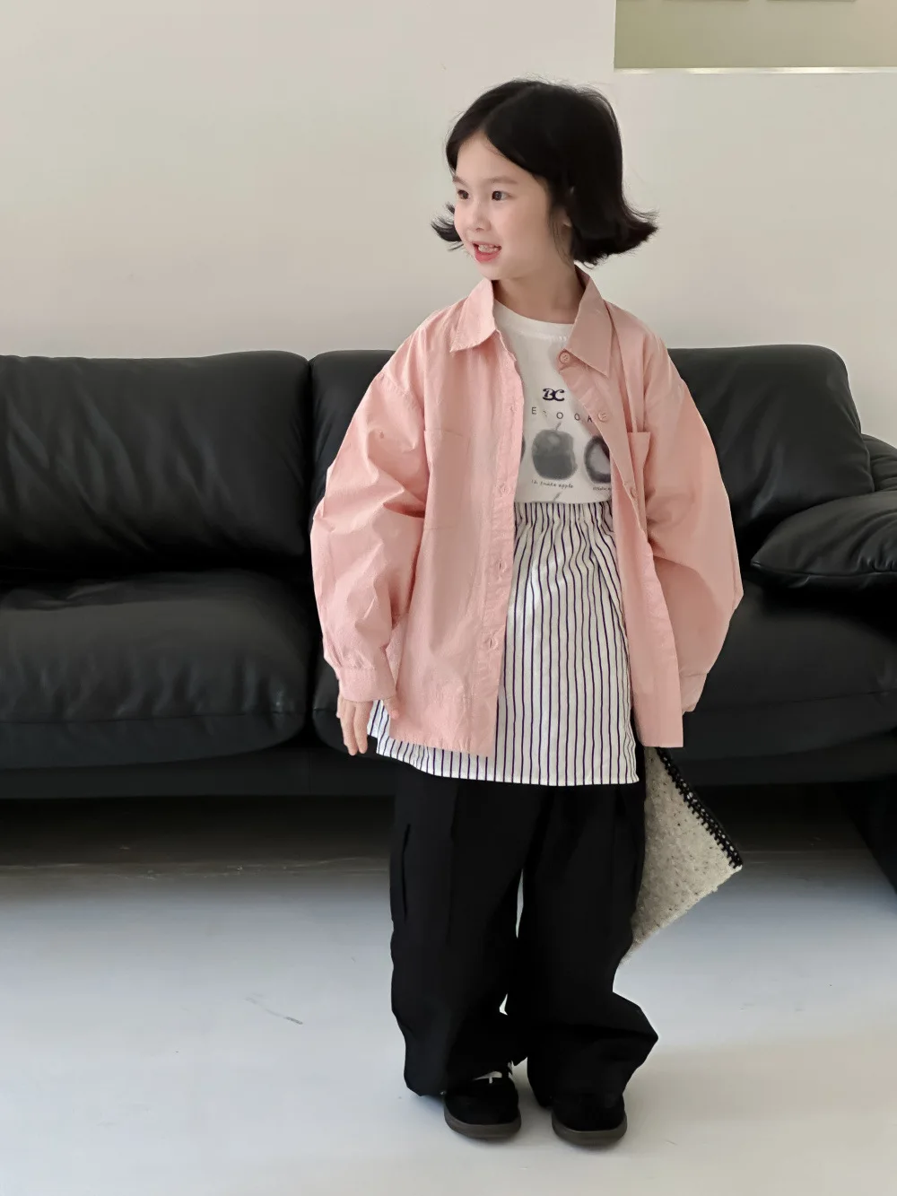 Blouses Shirt Autumn Boy Girl Korean Solid Color Children Clothing Loose Causal 2024 Tops Turn Down Collar Open Stitch