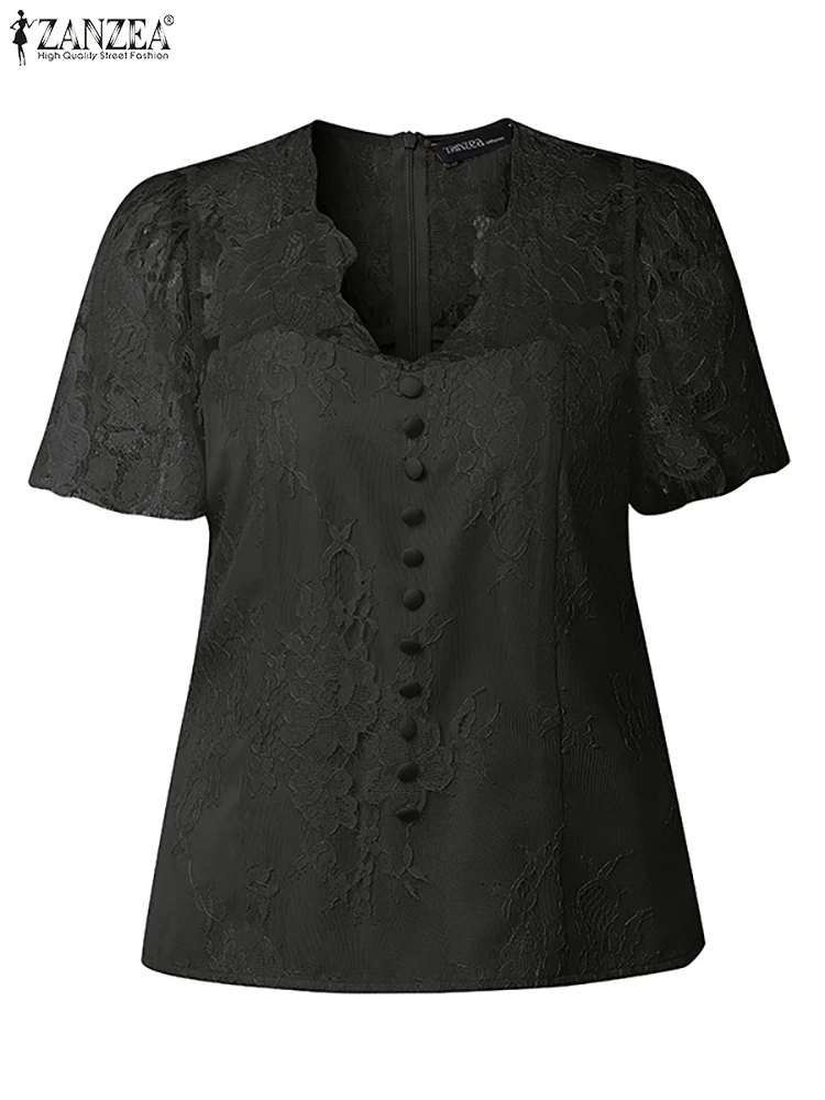 

2025 ZANZEA Women Lace Tops Hollow Out Blouses Fashion Casual Short Sleeve V Neck Blusas Elegant OL Work Tunic Pullover
