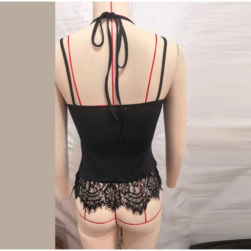 Spitzen-Patchwork-Top mit Neckholder und Taillenbetonung für Damen, sexy, ärmellos, rückenfrei, schmal geschnitten, charmante Clubwear für Damen. – Detail 4