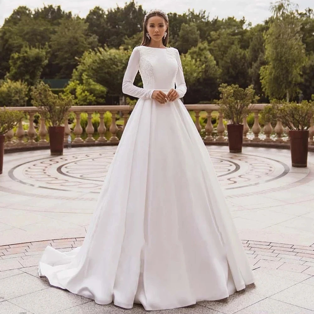 Simple Elegant Wedding Dresses 2024 O-Neck A-Line Bridal Gowns Full Sleeves Satin Robes For Formal Party Vestidos De Novia 2023