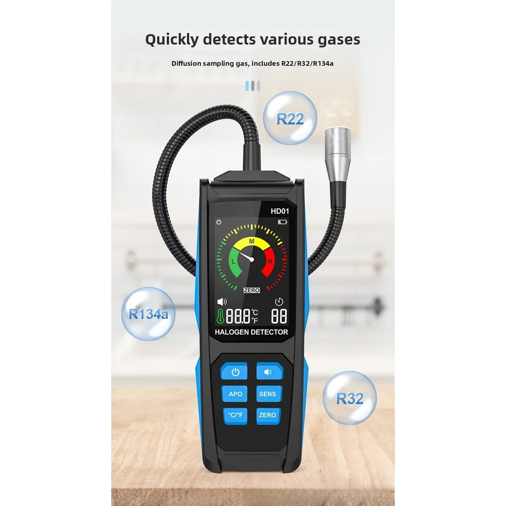 HD01 Portable Gas Leak Detector for R22 R32 R134a with Fast 10s Response Time 0-1000PPM Sensitivity and ABS Body