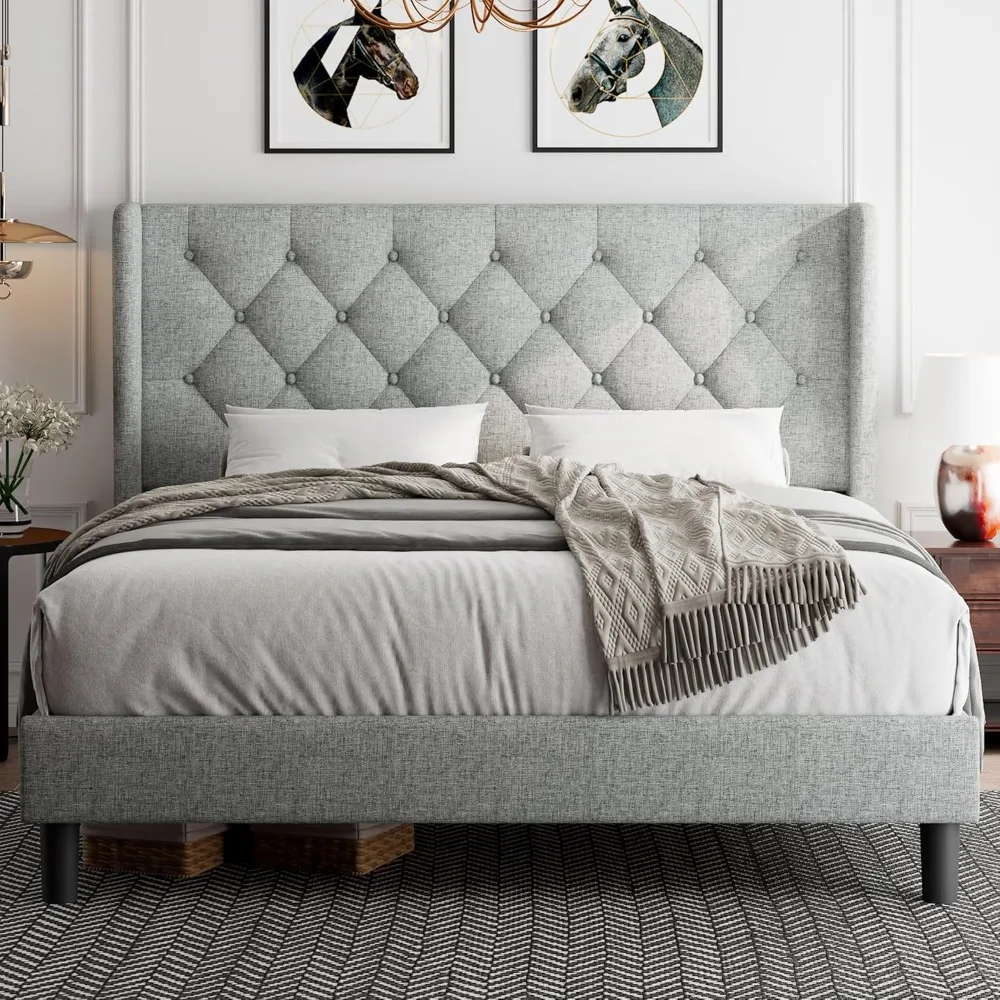 

Platform Bed Frame with Button Tufted Headboard,Upholstered Bed Frame with Solid Wooden Slats,8"Underbed Space,Box Spring Needed