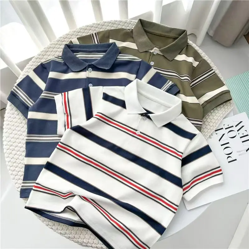 

Boys' Cotton Short Sleeved Polo Shirt 2025 New Item Big Boys' Striped T-shirt Trendy And Fashionable Top 100-150CM