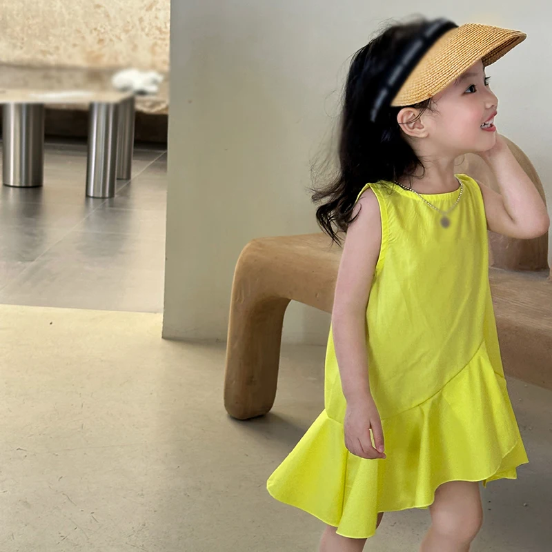 Summer Baby Girl Dress Solid Yellow Kids Casual Vestidos Clothing Ruffle Toddler Children Dress Clothing for Girls 3-8years