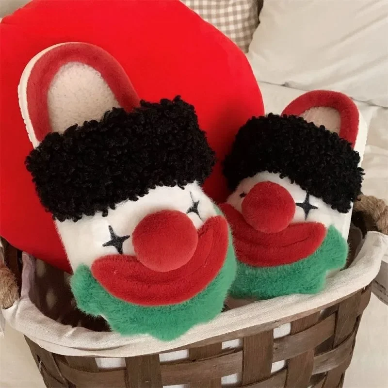 

New men's women's winter home non-slip soft thick bottom cotton slippers quirky clown fashion plush shoes for the holidays