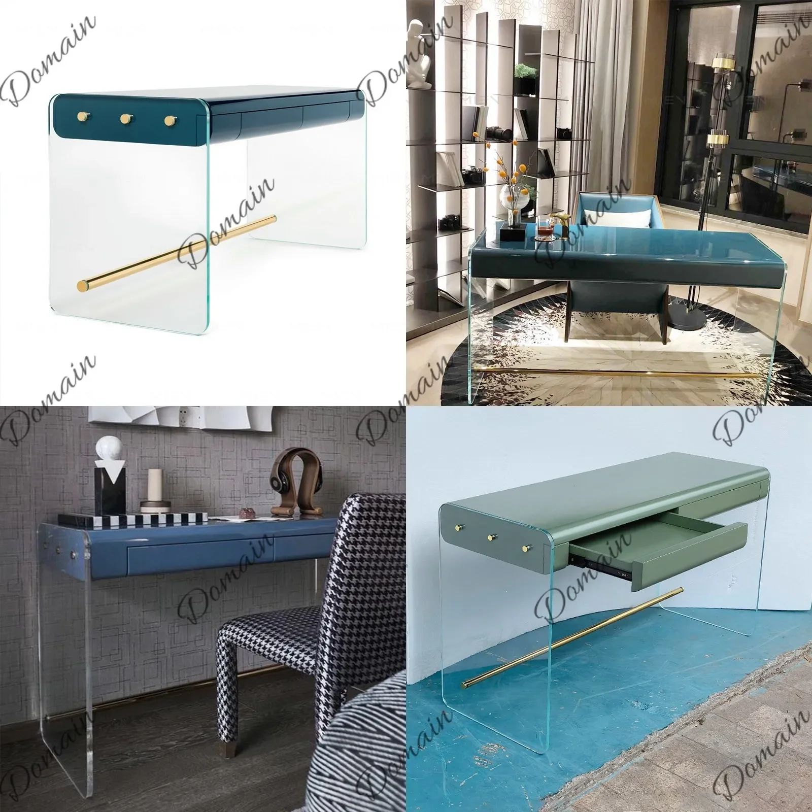 BJ Elegant Transparent High-Leg Vanity Table With Tempered Glass Top & Wooden Piano Lacquered Cabinet Modern Minimalist Makeup D