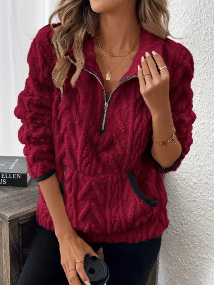 Casual Solid Color Half-open Collar Pullover Tops For Female Fashion Long Sleeves Pocket Sweatshirt Autumn Winter Ladies Hoodie