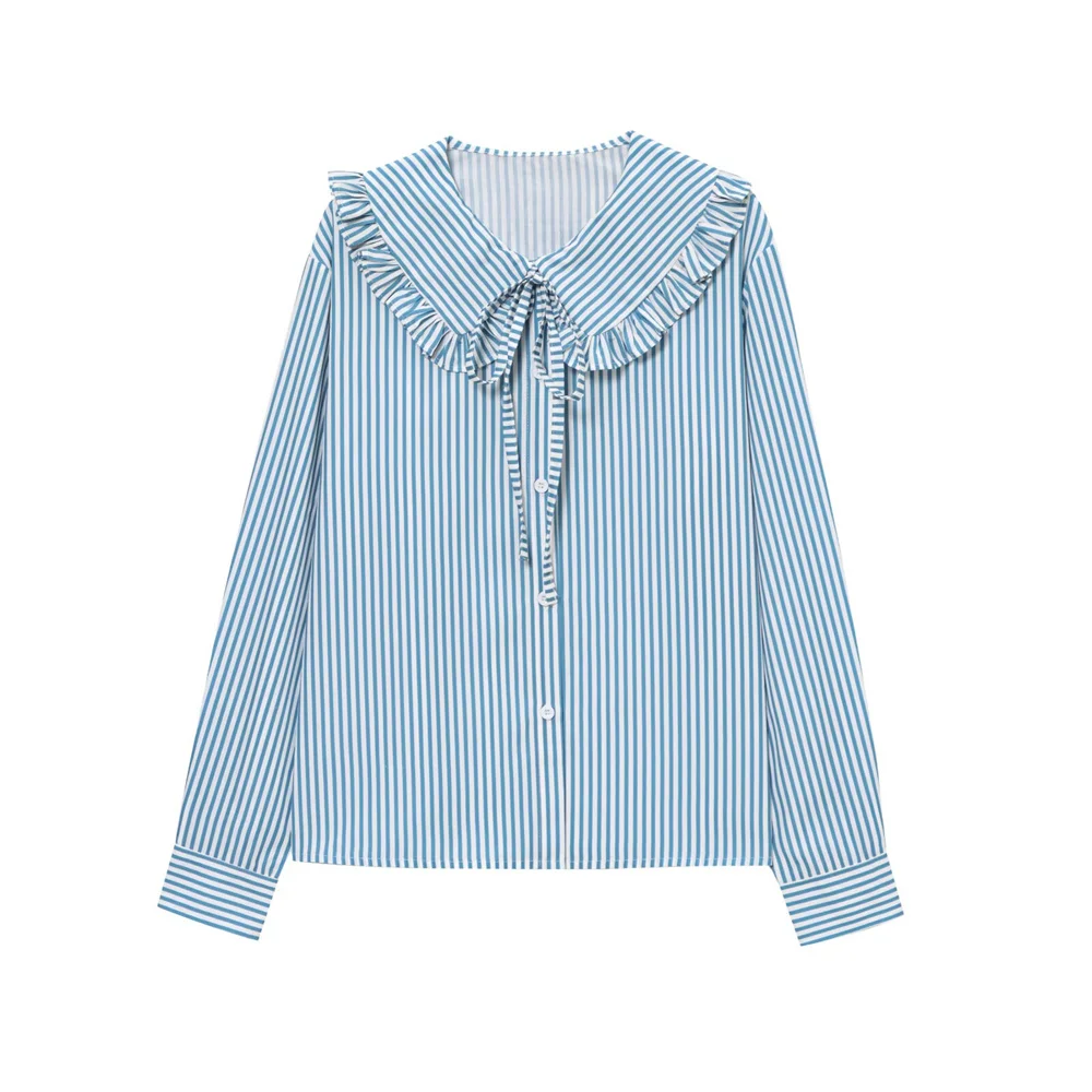 

women's summer new casual style simple single breasted bow tie tied doll collar long sleeved striped shirt