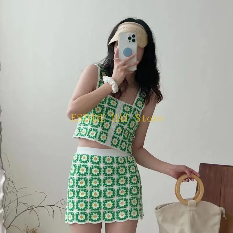 49MF Conjunto piezas Boho Camis Falda Crochet Calado para camisetas sin mangas Ropa calle Mujer G