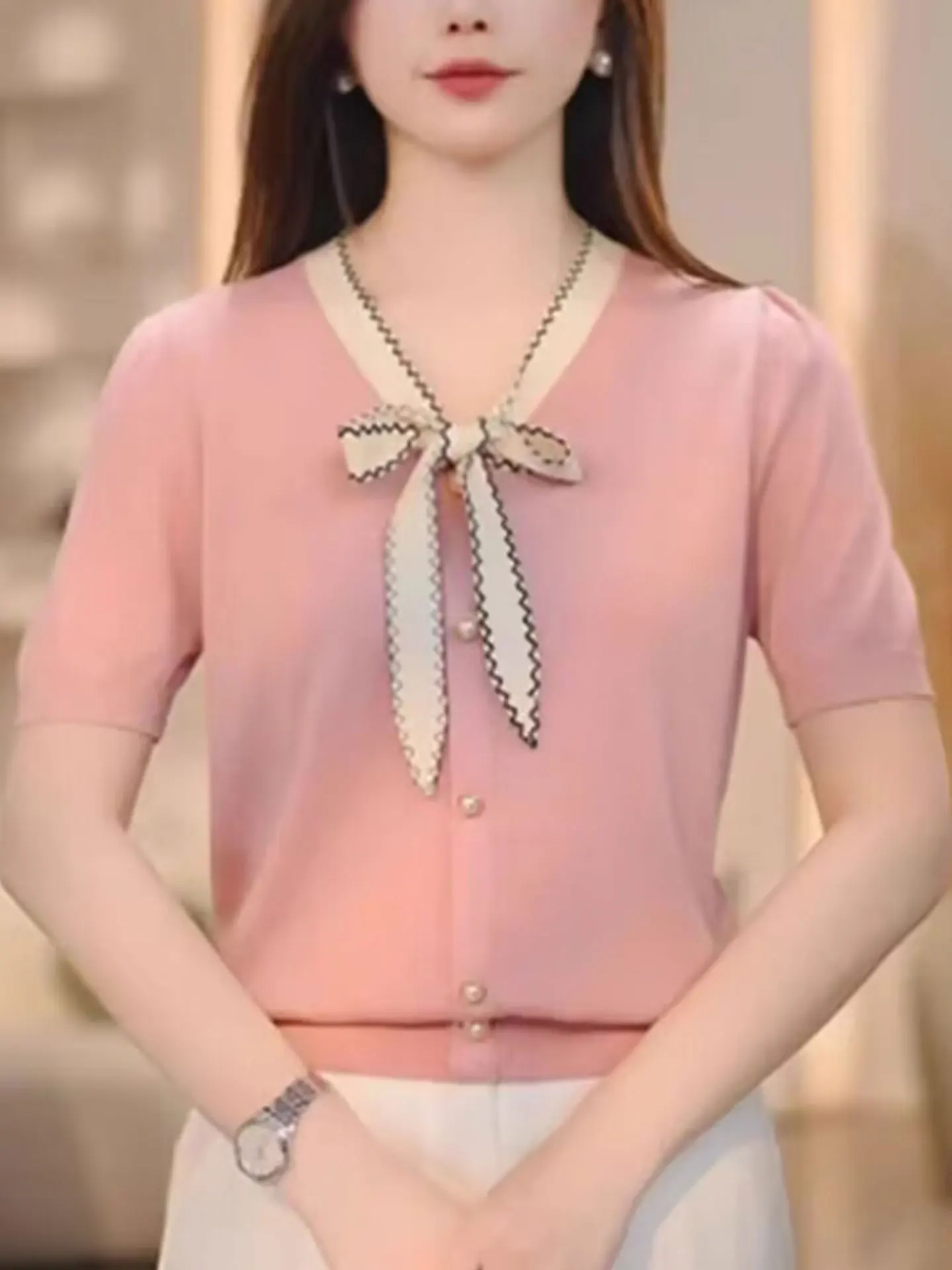 

Женский модный топ Ele ort Sve: вязаный кардиган из шелковой смеси с узлами, летний, из ледяного шелка, в стиле колор-блок