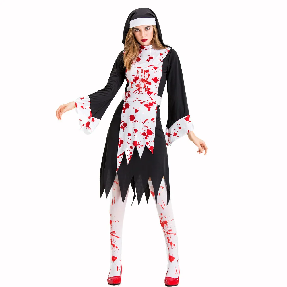 loween  Zombie Bloodstain Nun Costume Role-plang Horror Drip Blood Nun Outfit Women's Ethnic Stage Costume