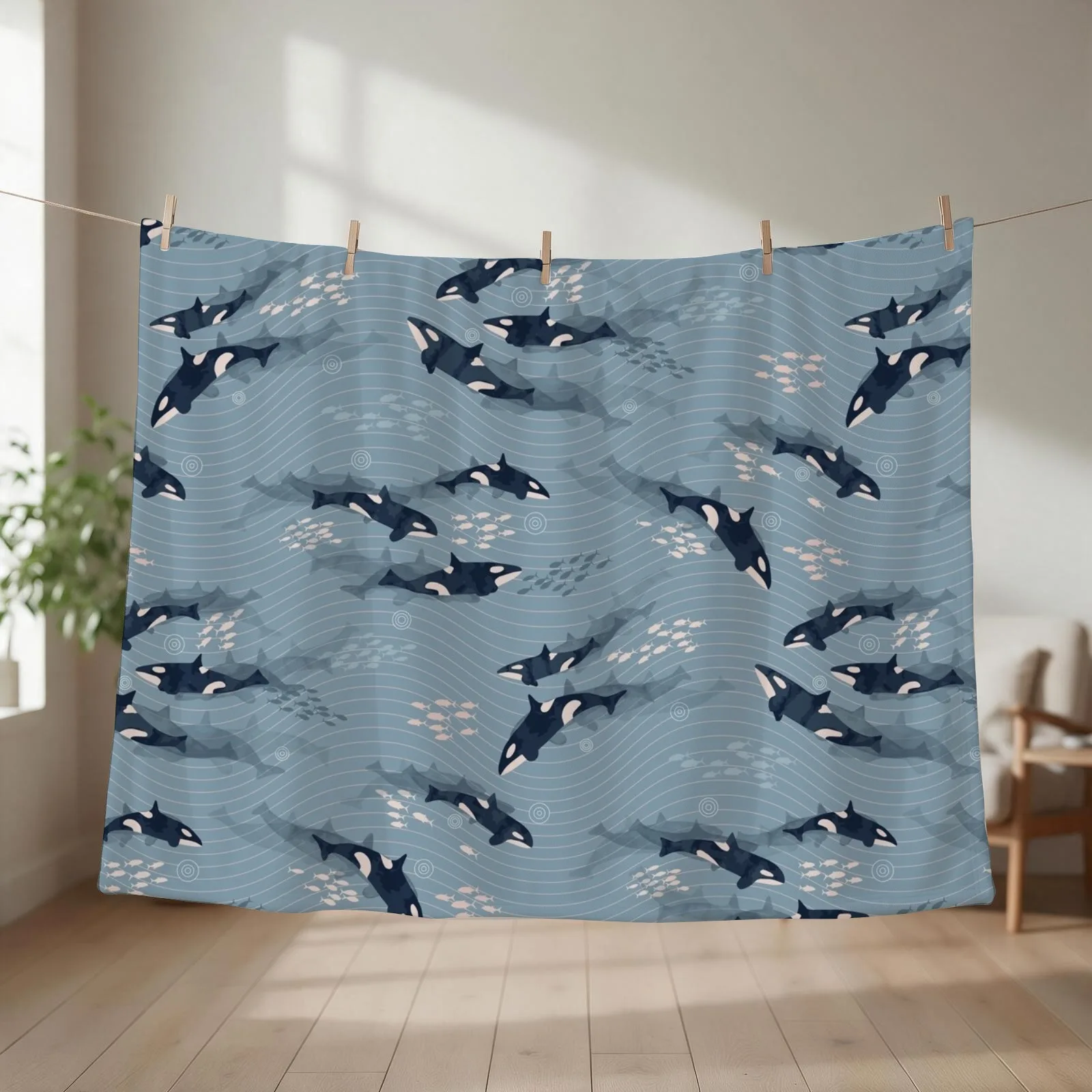 Orca in Motion / blue-gray ocean pattern Throw Blanket couch cozy soft plush fuzzy picnic outdoor blanket
