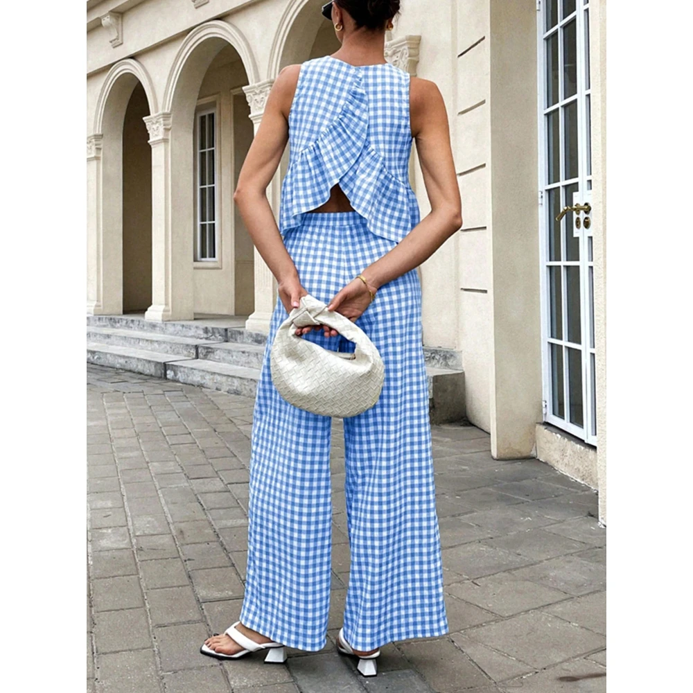 Women's Blue Gingham 2 Piece Outfit Sleeveless Ruffle Backless Top & Wide Leg Pants Set Casual Summer Wear