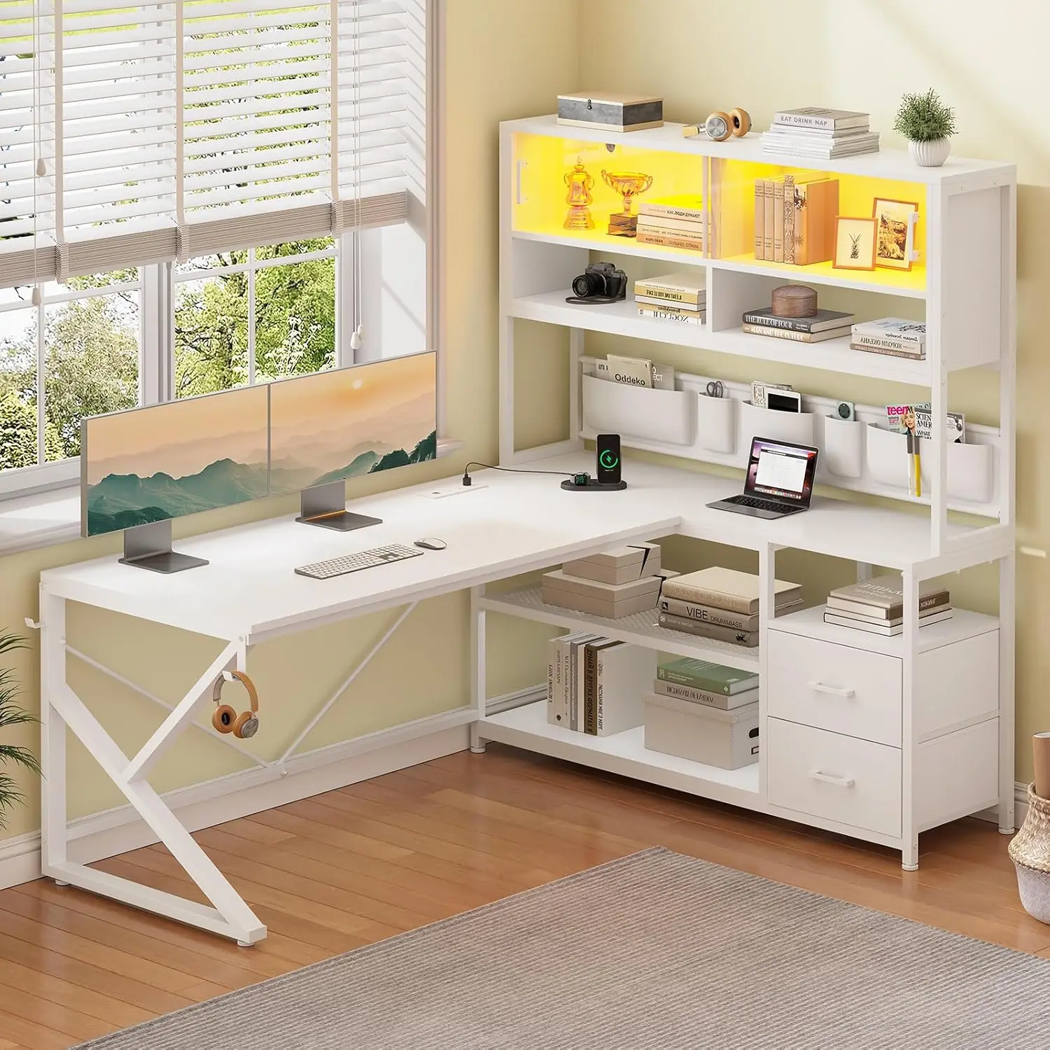 L Shaped Gaming Desk, Home Office Computer Desk with 2 Drawer and Bookshelf, L Shaped Gaming Corner Desk with LED Light image 3