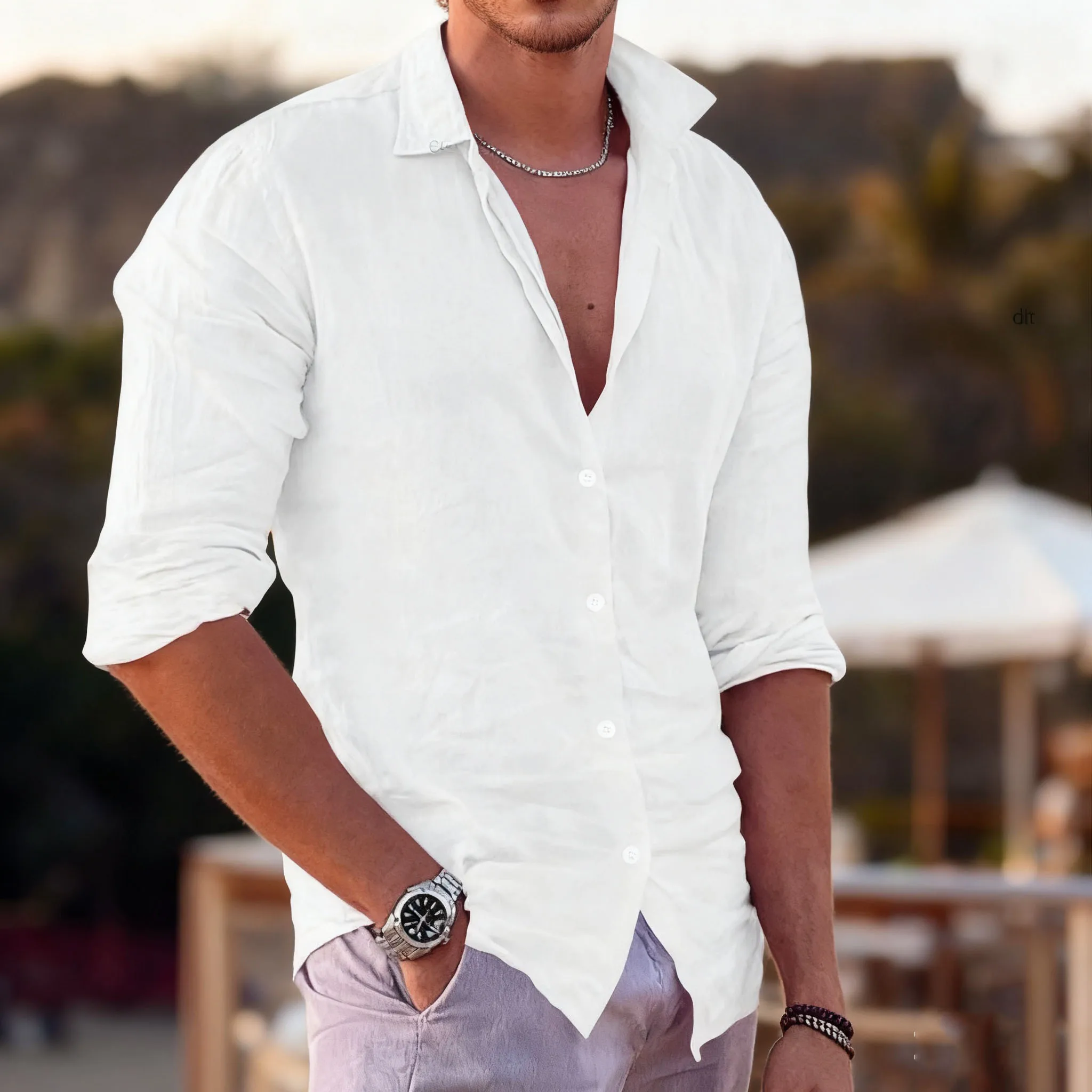 เสื้อเชิ้ตแขนยาวผู้ชายสไตล์ยุโรปอเมริกัน ปกเสื้อแบบกระดุมแถวเดียว ผ้าผสมฝ้ายและลินิน ดีไซน์ทันสมัยสำหรับผู้ชาย