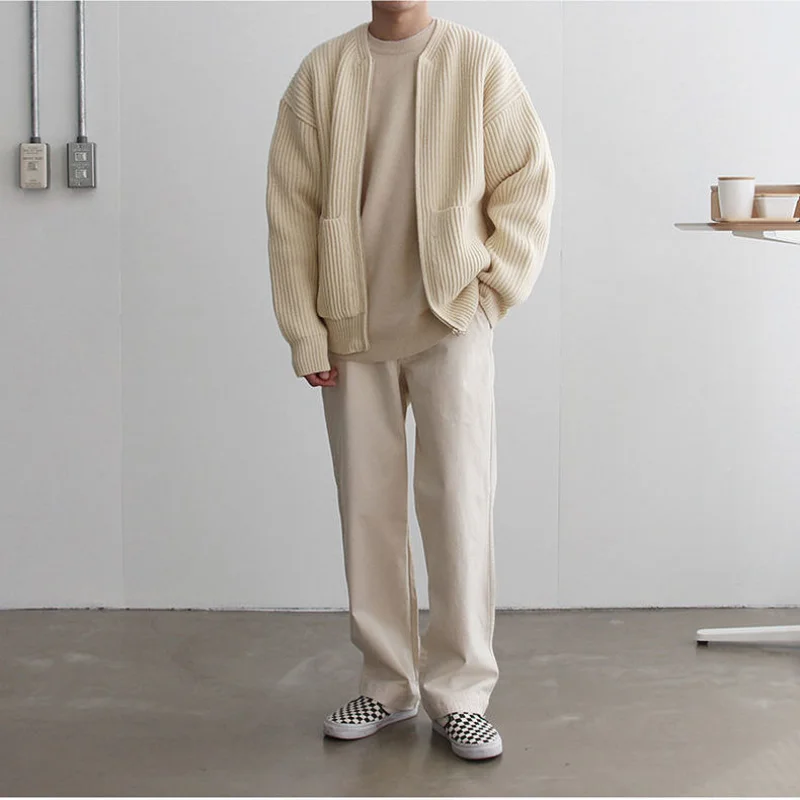 Knitted Cardigan Jacket New Style Spring and Autumn Men's Knitted Sweater Loose Solid Color Handsome Cardigan Sweater