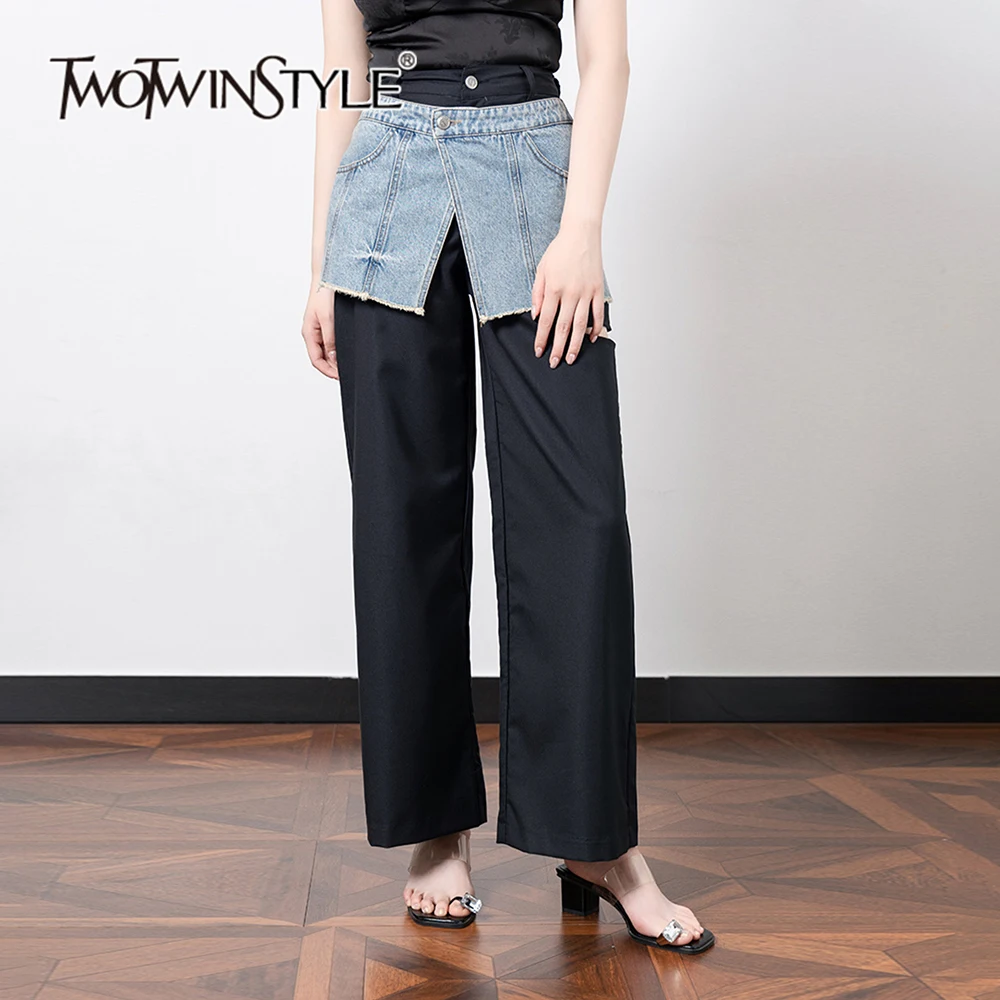 

TWOTWINSTYLE Colorblock Casual Spliced Denim Pant For Women High Waist Patchwork Button Designer Wide Leg Pants Female KPA508422