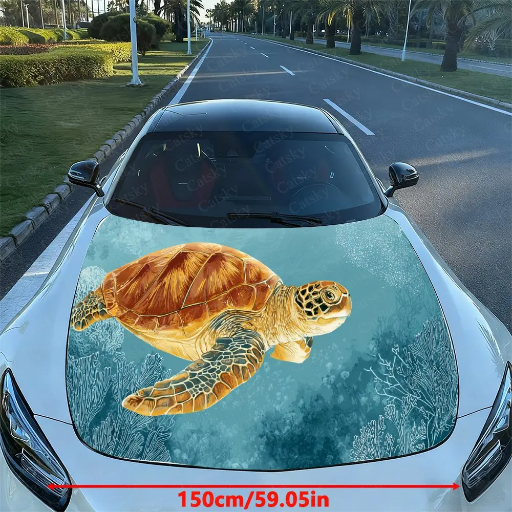 Sea Turtle Coral Pattern PVC Car Hood Wraps, Self-Adhesive Waterproof Car Bonnet Decal Sticker, Car Decoration Protection Sticke