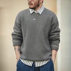 Maden Vintage Gray Pineapple Pattern Sweater Heavyweight  Thickened Round Neck Knit Pullover 2023 Men's Winter Warm Jumper