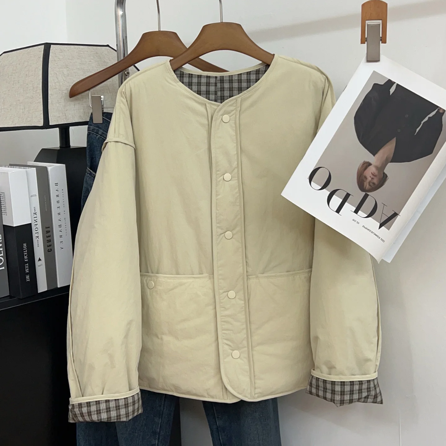 

Korean Sle Lightweight Warm Loose round Ne Patchwork Plaid Cotton Jaet Women's Autumn Winter Design Commute Versatile C...