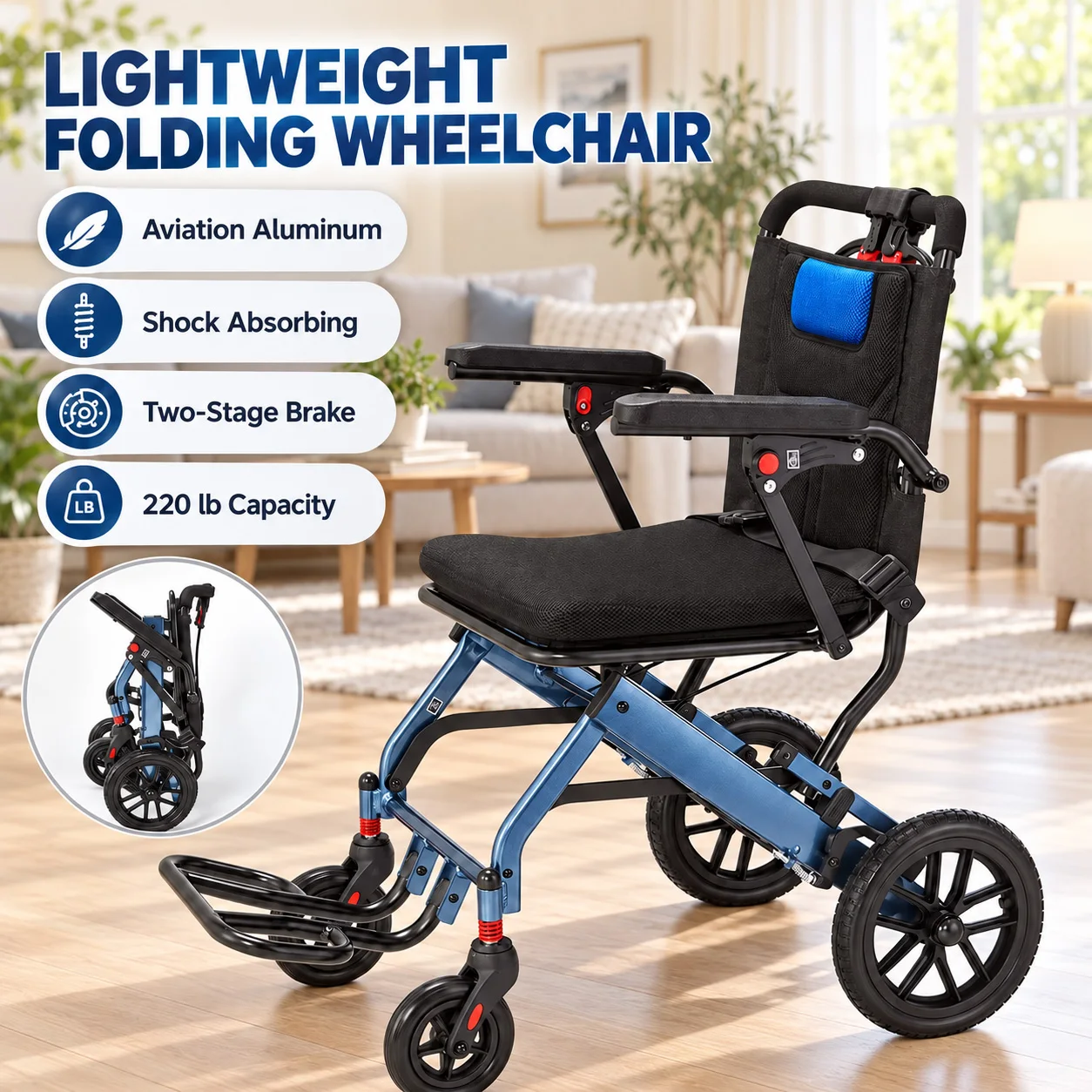 Portable Folding Wheelchair for Adults, Wide Aluminum Frame Mobility Aid with 16 Inch Deep PVC Seat, 10 Inch Rear Wheels and Dual Brake, Navy Blue