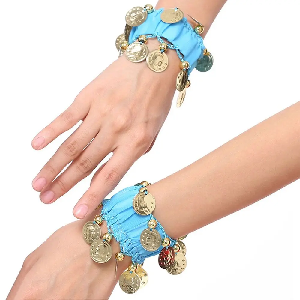 1 Para Akcesoriów do Tańca Brzucha Złote Monety Szyfonowe Bransoletki na Nadgarstek do Tańca Brzucha Bransoletka z Grzechotką Mankiet na Rękę