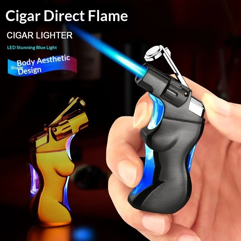 Retro Human Body Shape Metal Lighter Visible Fuel Tank Blue Flame Jet Windproof Refillable Creative Gift
