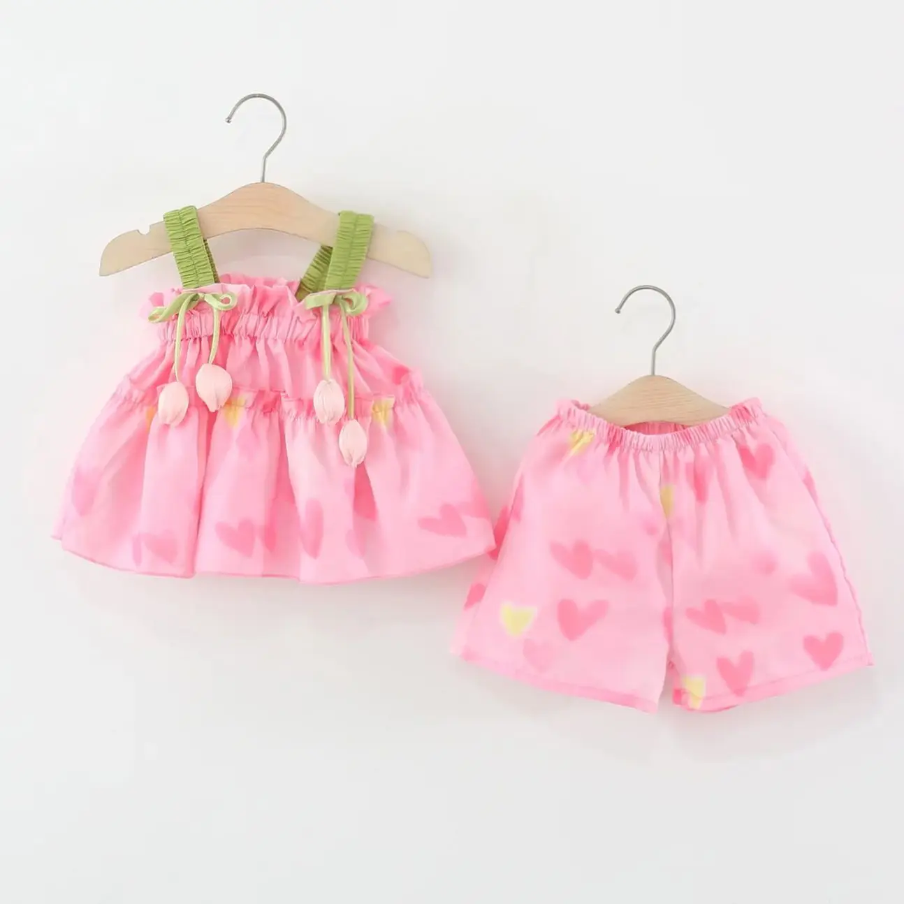 

Baby Girl Set Cherry Heart Print Suspender Tops With Shorts Pink Suit Summer Baby Casual Outing Clothing