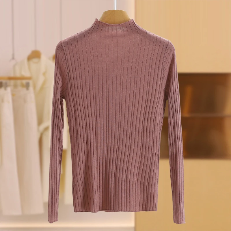 Soft Pure Color Skin-friendly Slim Fit f High Collar Sweater Base irt for Women Commute Sle Long Sve round Ne