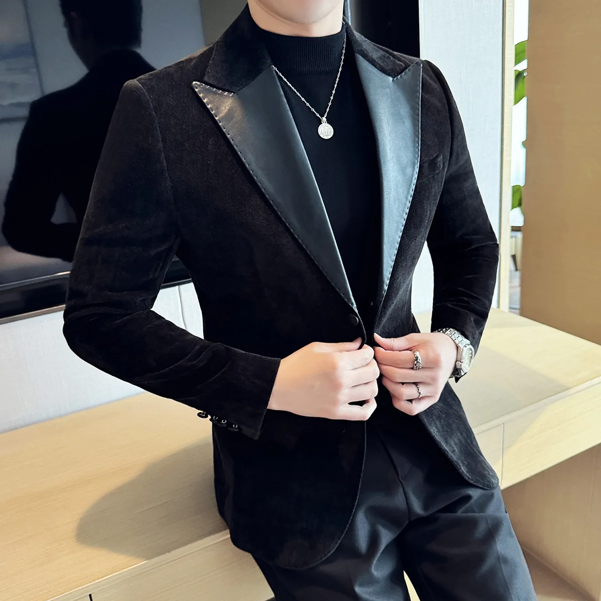 Lederen Splicing Chenille Pak Jassen 2023 Herfst Winter Nieuwe Mannen Business Casual Slim Fit Jassen Formele Bruiloft Slipjas