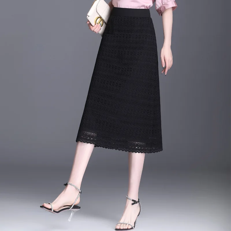 ZUZK Lace Knitted Two Sides Wear Lace Skirt Women 2025 Spring Summer New Elastic Waisted Simming Sense of Long A-line Skirt