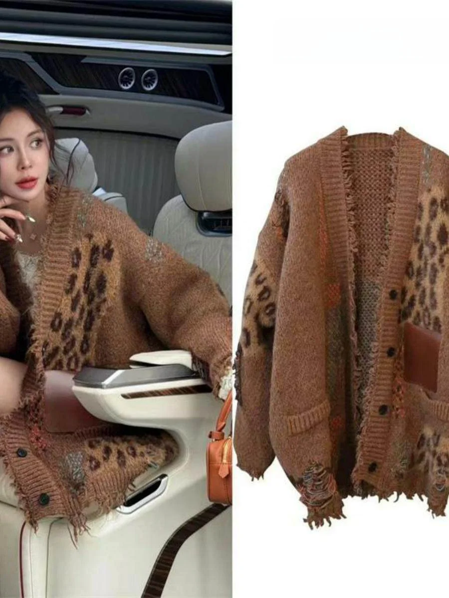 

Женский весенний модный вязаный кардиган с леопардовым принтом и пэчворком, повседневный свободный кардиган с длинными рукавами и V-образным вырезом на пуговицах