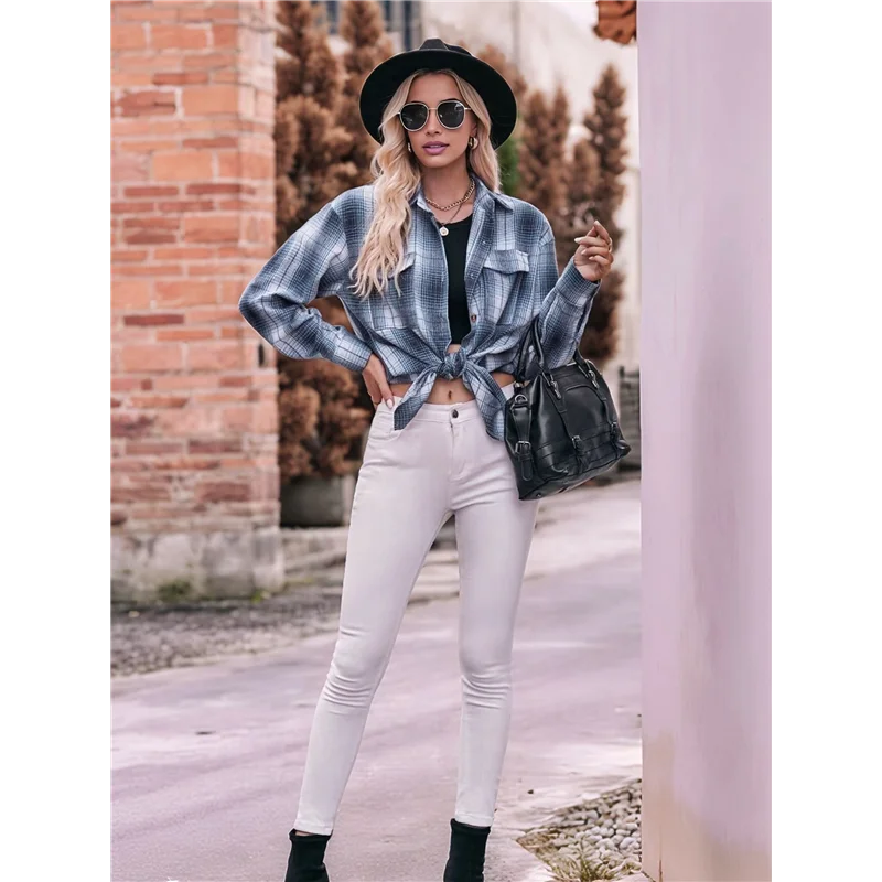 

CGS-Women's Flannel Plaid Button-Down Shirt Oversized Long Sleeve Short Sleeve Jacket Top