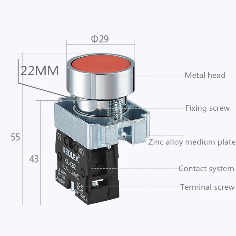 22mmMomentary Push Button Switch 10A 240V~3A Circular Small Size Flat Round Panel NC/NO XB2-BA31 XB2-BA42 ZB2-BE101C 102C