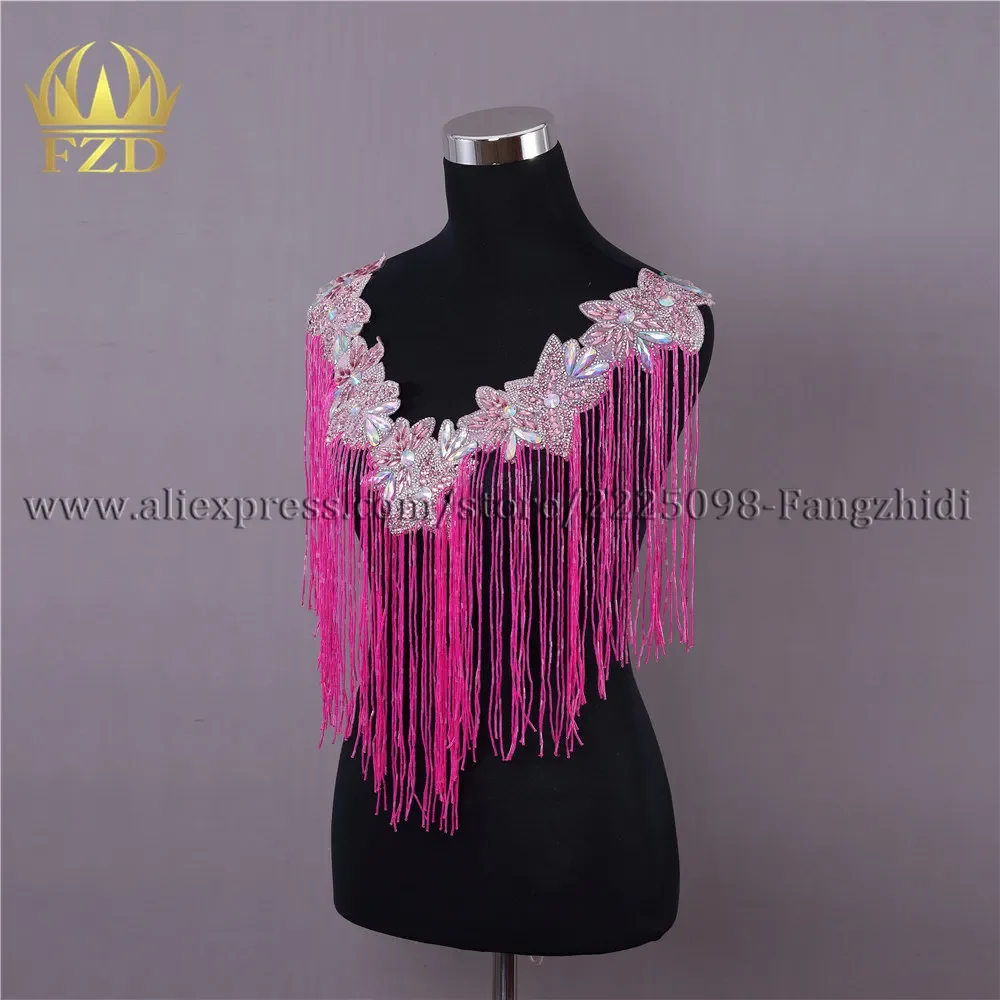 FZD 1 Piece Rose red tassel stripes Clothes Patches beads for Wedding Dresses DIY Decorative clothing patch DRA-328