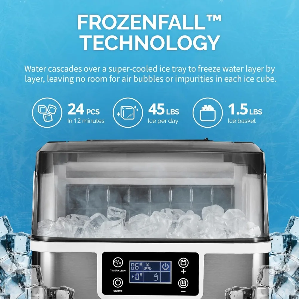 Countertop Clear Ice Maker, 45lbs/day Ice Cube Machine, Self-Cleaning Function and Custom Ice Thickness,