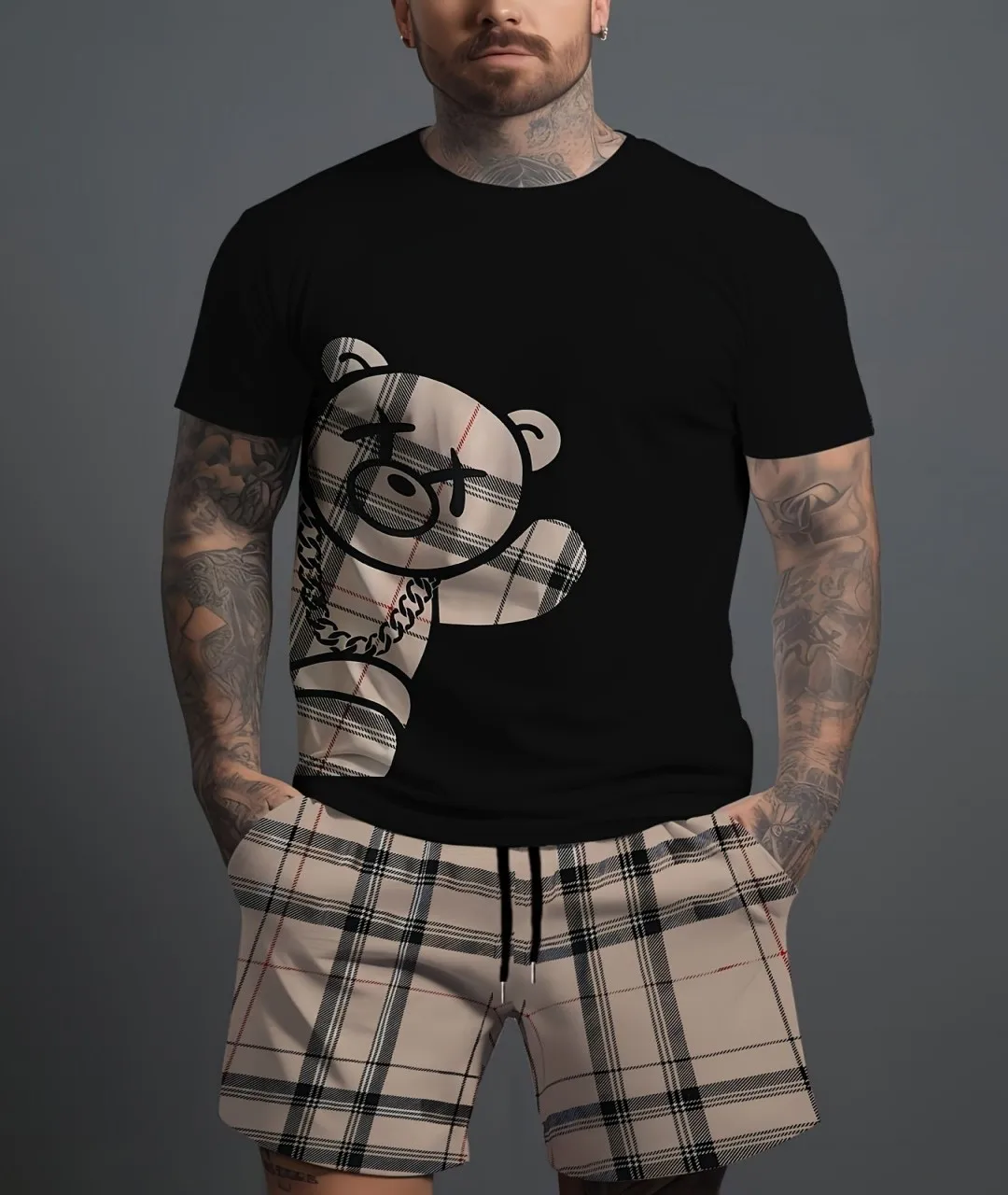 

2025 Summer new men's suit 2-piece casual bear 3D printed plaid shorts summer comfort breathable lightweight men's suit new styl