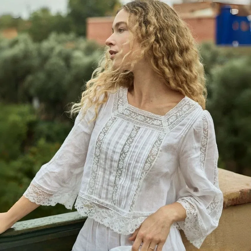 Doen Sweet Wind Lace Embroidered Shirt Bubble Sleeve Square Neck Loose Shirt