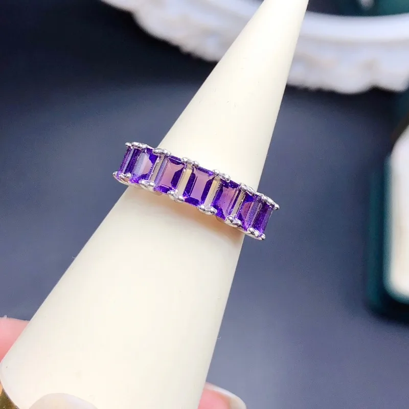 Pure Amethyst 3X5mm Rectangle Shape Natural Amethyst Ring 925 Sterling Silver Crystal Jewelry for Daily Wear