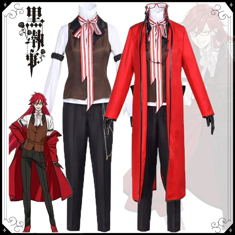 

Anime Black Butler Grell Sutcliff Michaelis Ronald Knox Cosplay Costume Fancy Red Uniform Suit Halloween Party for Adult Unisex