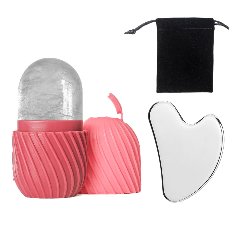 ลูกกลิ้งหน้าน้ําแข็งซิลิโคนและชุดเครื่องมือขูดสแตนเลส (พร้อมถุงเก็บ) เครื่องมือดูแลผิวหน้าแบบใช้ซ้ําได้ 2 ชิ้น